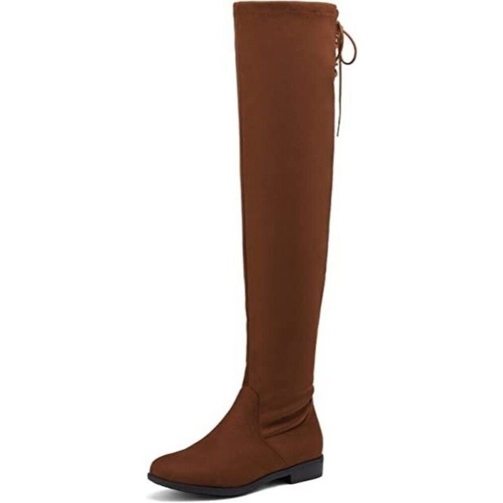Dream Pairs Thigh High Low Heel Fashion Boots sz 5.5 M Tan Faux Stretch Suede